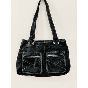Tignanello Black Leather Multi-Pocket Dual Strap Contrast Stitching Shoulder Bag